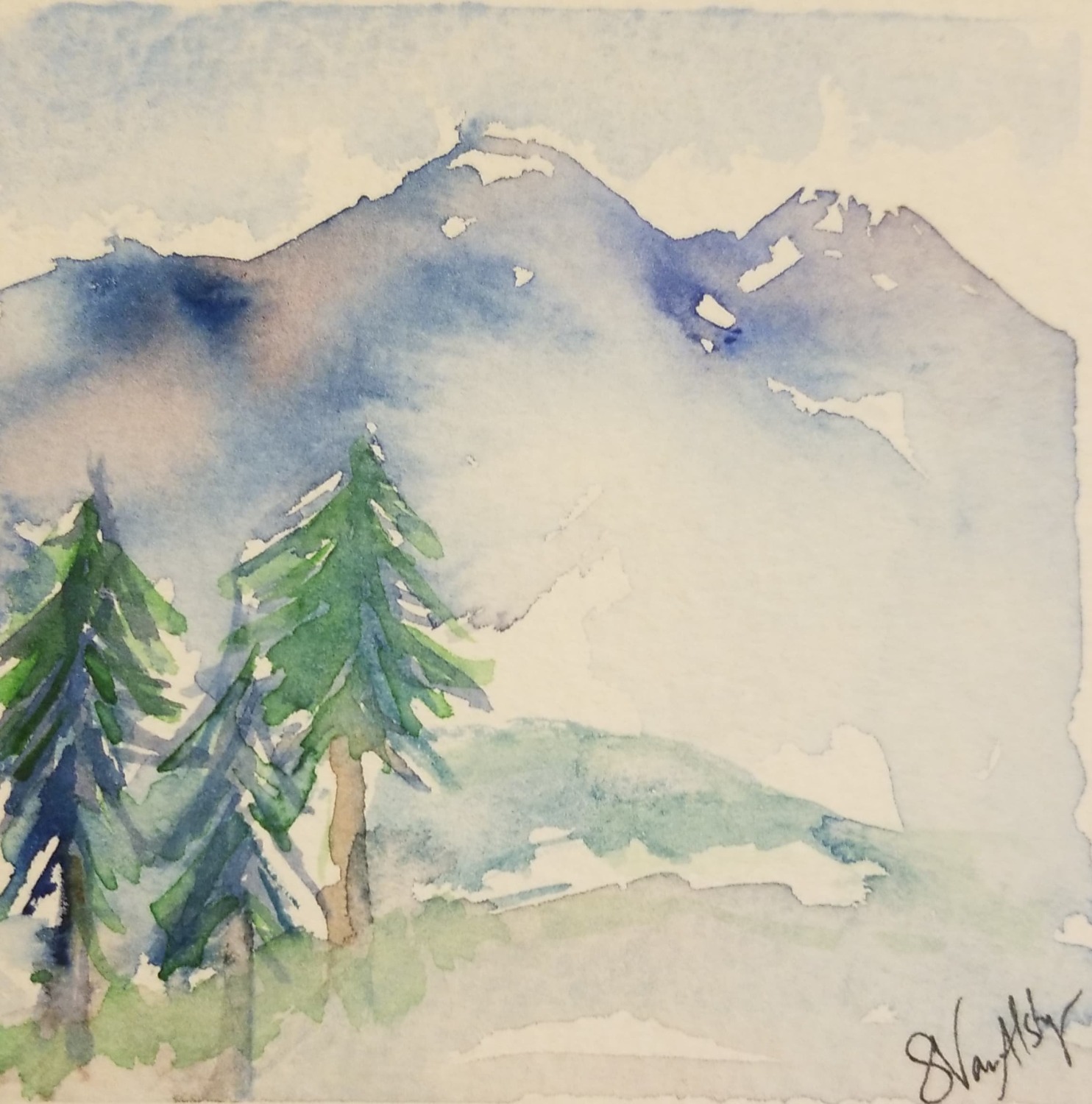 Whimsical Watercolor of Evergreens and Mountains