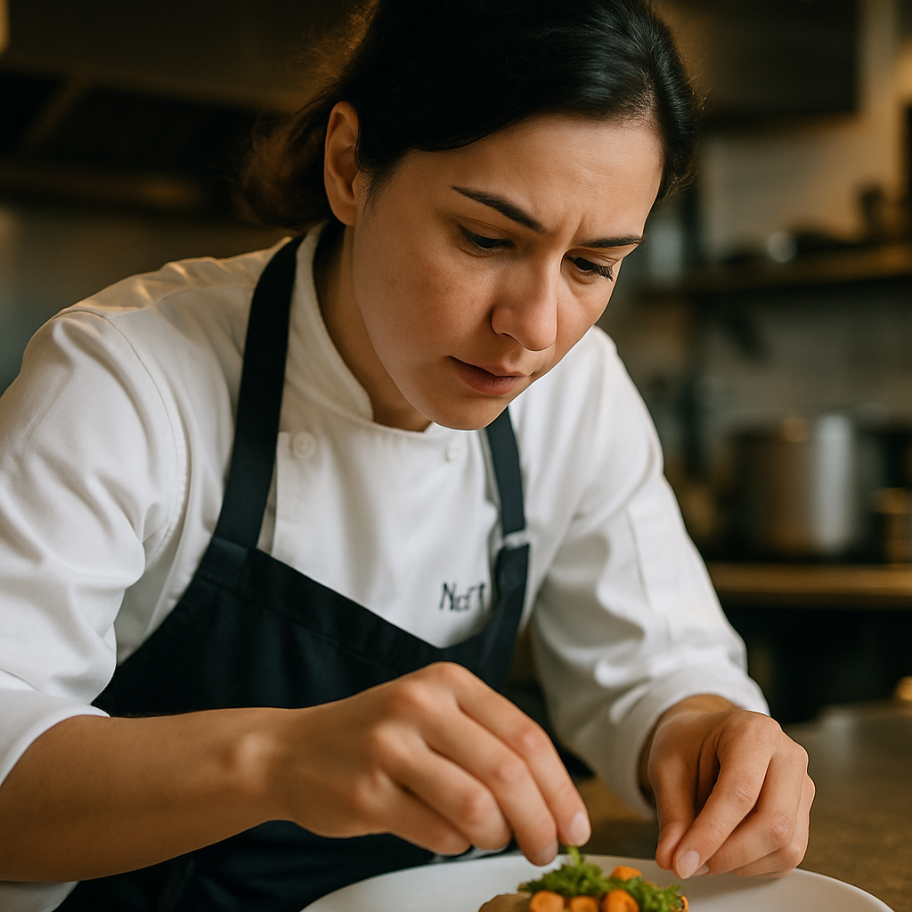 Chef plating a summer dish in a warmly-lit kitchen