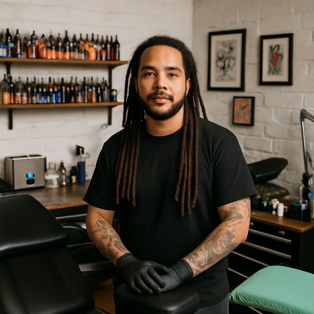 Tattoo artist's workspace with custom flash sketches