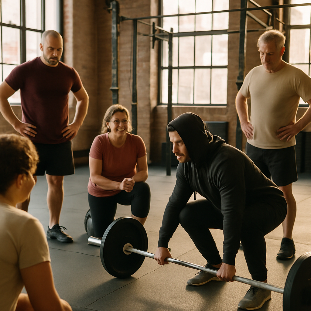 Coach demonstrating deadlift setup with an empty bar while a small group of adults watches at a strength gym