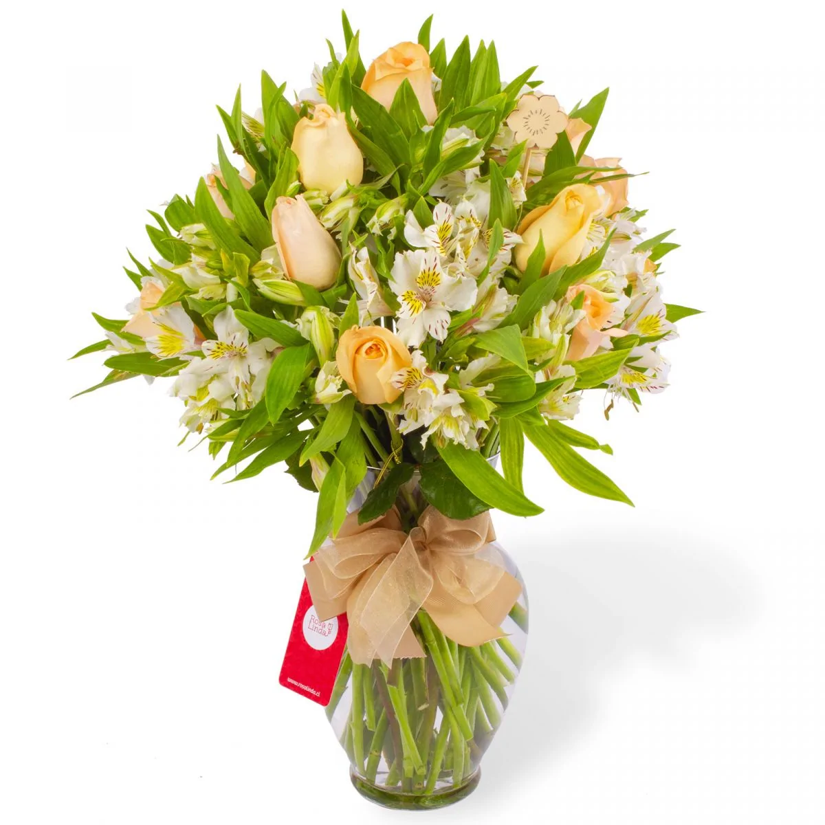 Foto principal Amor damasco en anfora - Florero de vidrio con rosas damasco y astromelias