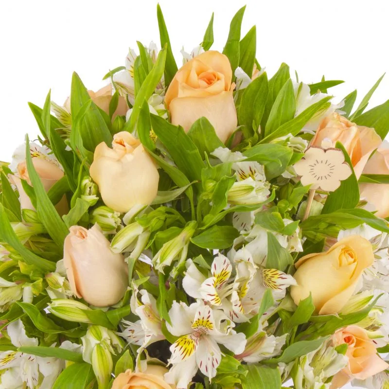 Foto 5 Amor damasco en anfora - Florero de vidrio con rosas damasco y astromelias