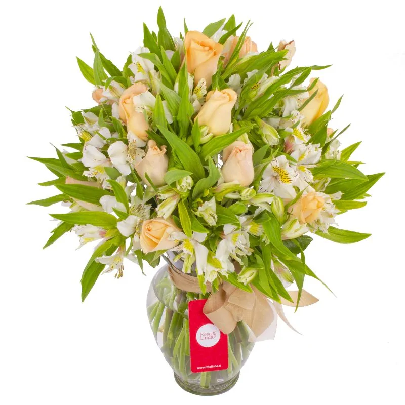 Foto 3 Amor damasco en anfora - Florero de vidrio con rosas damasco y astromelias