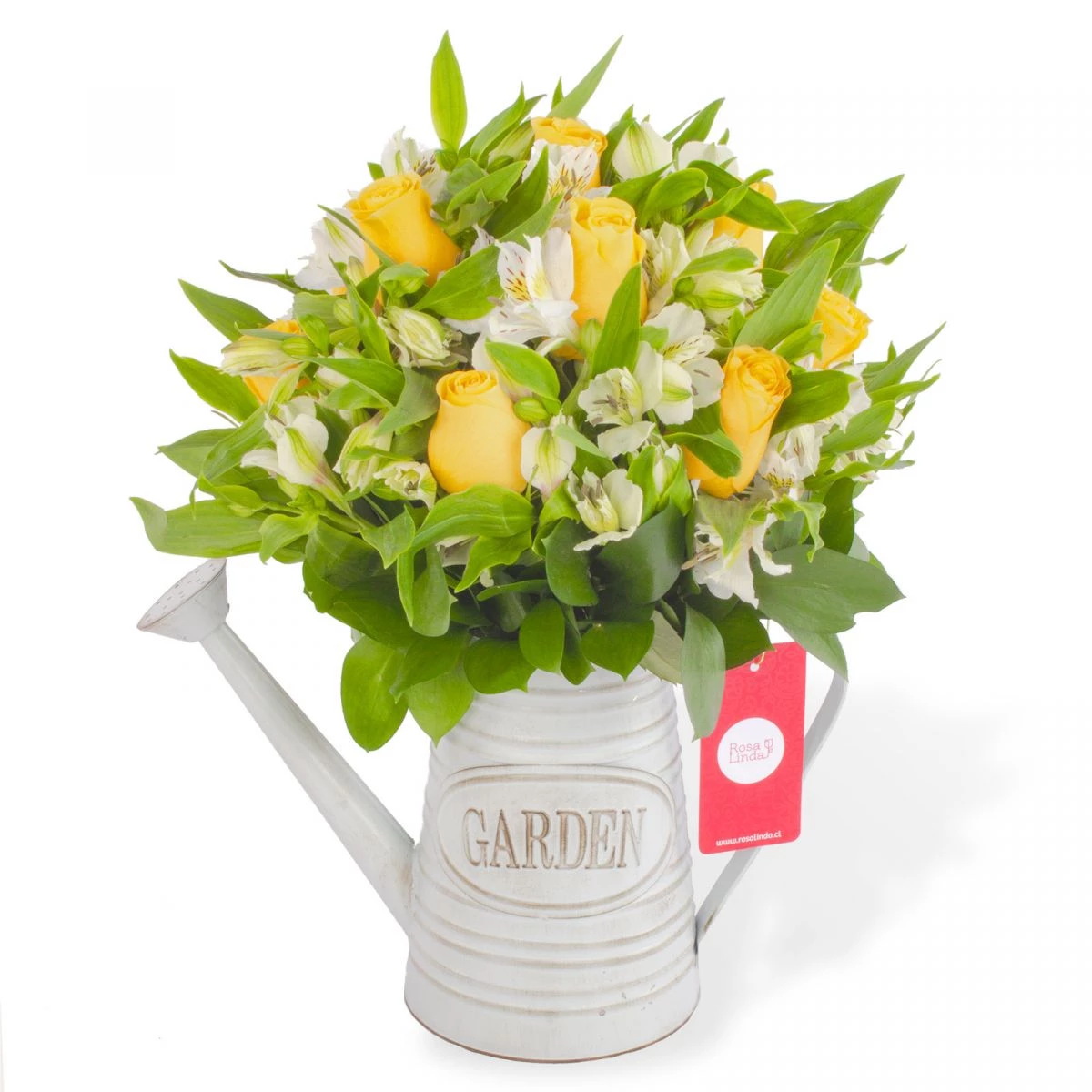 Foto principal Amor Amarillo en Regadera - Arreglo floral en regadera de metal envejecida con rosas amarillas y astromelias