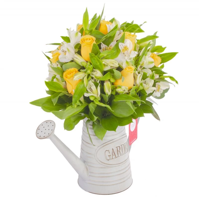 Foto 4 Amor Amarillo en Regadera - Arreglo floral en regadera de metal envejecida con rosas amarillas y astromelias