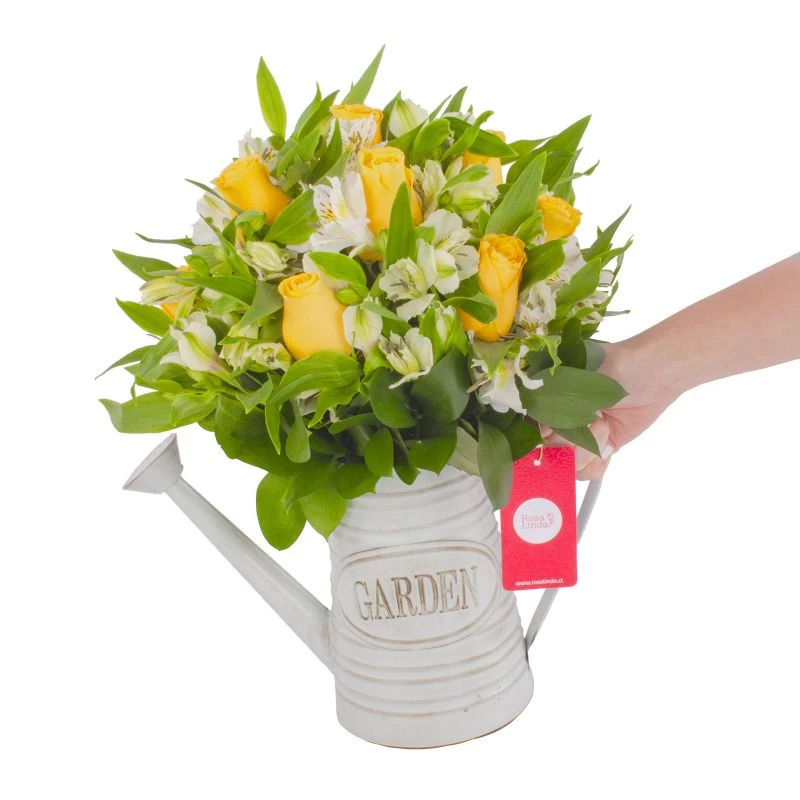 Foto 2 Amor Amarillo en Regadera - Arreglo floral en regadera de metal envejecida con rosas amarillas y astromelias