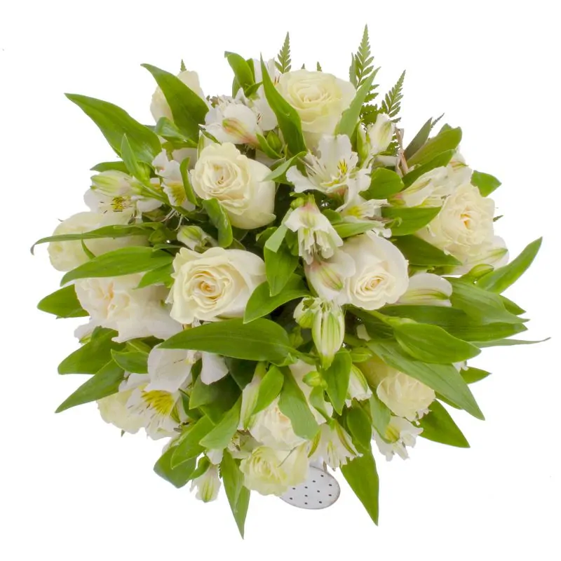 Foto 4 Amor Blanco en Regadera - Arreglo floral en regadera de metal envejecida con rosas blancas y astromelias
