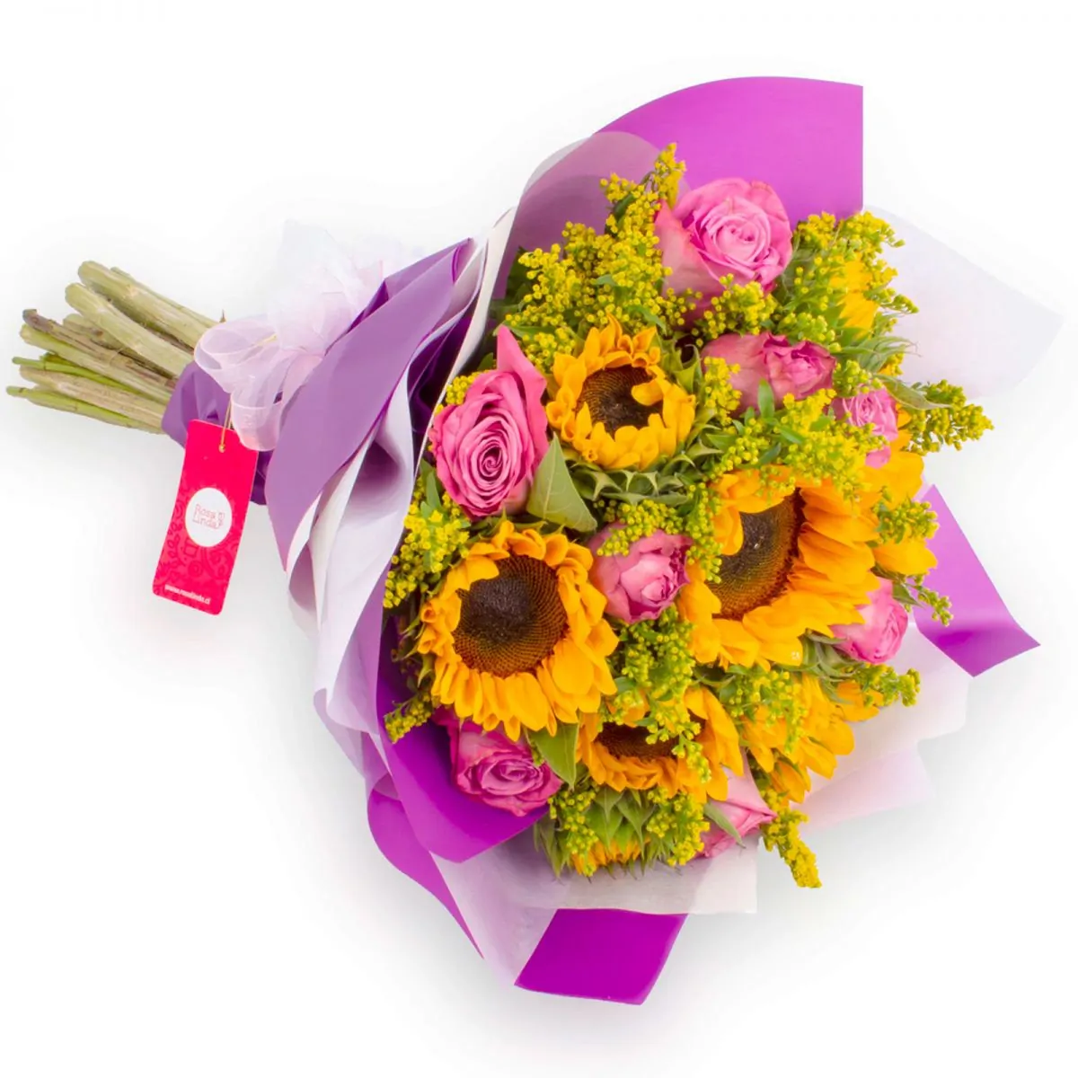 Foto principal Ramo girasoles y rosas - Ramo de girasoles, rosas ecuatorianas lilas y solidago