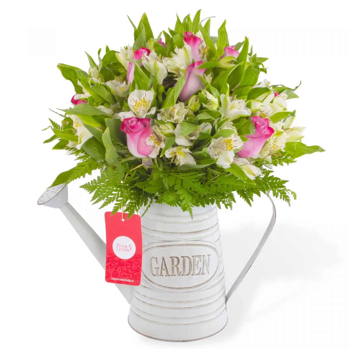 Foto principal Amor Lila en Regadera - Arreglo floral en regadera de metal envejecida con rosas lilas y astromelias