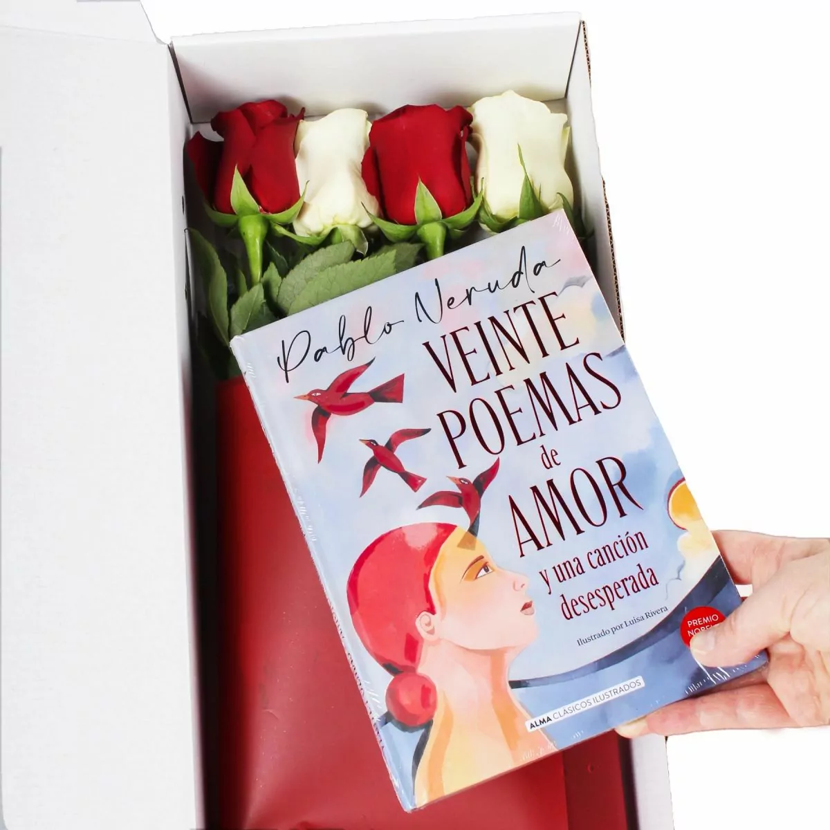Foto principal Pack Flowerbox Poemas de amor - mix de 8 rosas blancas y rojas más libro 20 poemas de amor Pablo Neruda