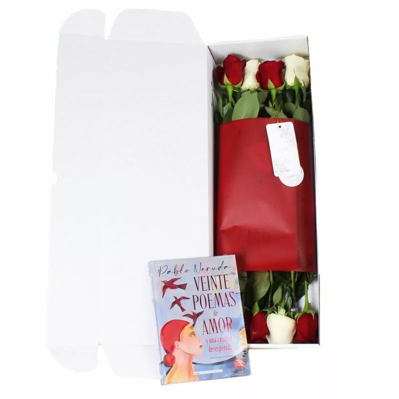 Foto 3 Pack Flowerbox Poemas de amor - mix de 8 rosas blancas y rojas más libro 20 poemas de amor Pablo Neruda