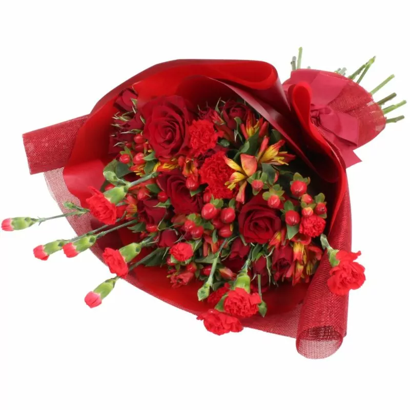 Ramo silvestre rojo - Ramo de flores circular con rosas rojas, claveles, astromelias, mini rosas e hypericum rojo