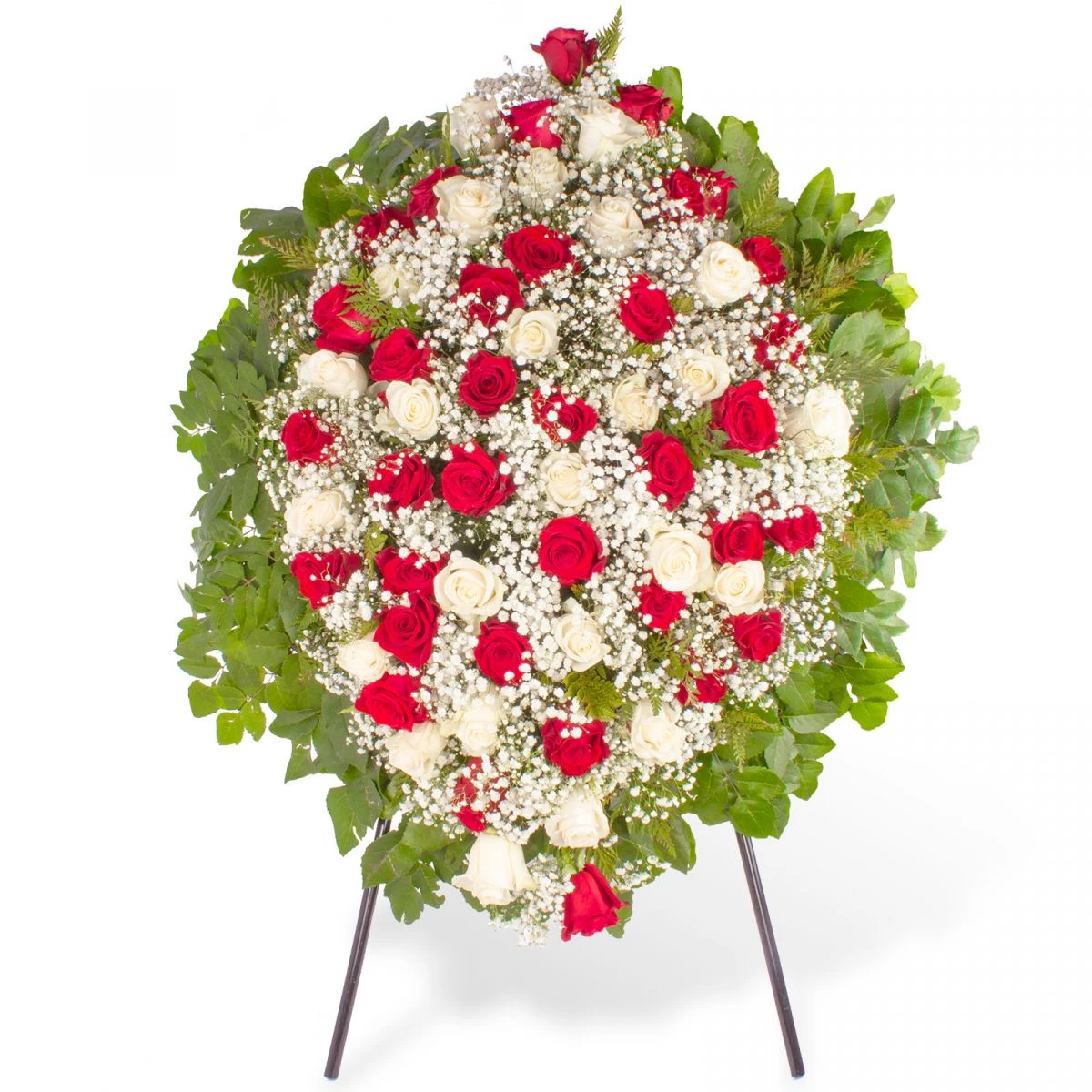Foto principal Por Siempre - Corona de condolencias con rosas blancas, rosas rojas y gypsophilas