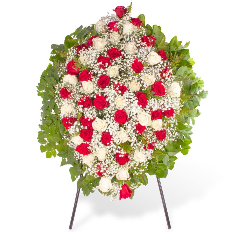 Por Siempre - Corona de condolencias con rosas blancas, rosas rojas y gypsophilas Por Siempre - Corona de condolencias con rosas blancas, rosas rojas y gypsophilas