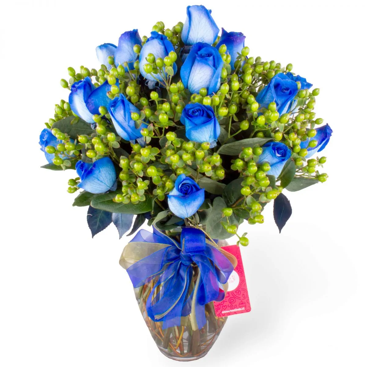 Foto principal Antonia Azul - Arreglo floral en florero con 24 rosas azules e hypericum verde