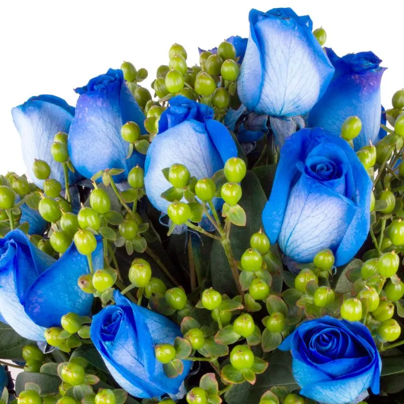 Foto 5 Antonia Azul - Arreglo floral en florero con 24 rosas azules e hypericum verde