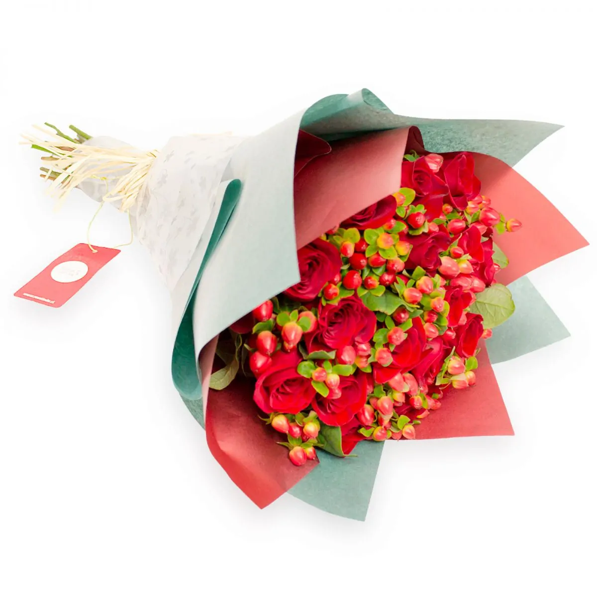 Foto principal Ramo de rosas con Hypericum - Ramo circular con 18 rosas rojas e hypericum