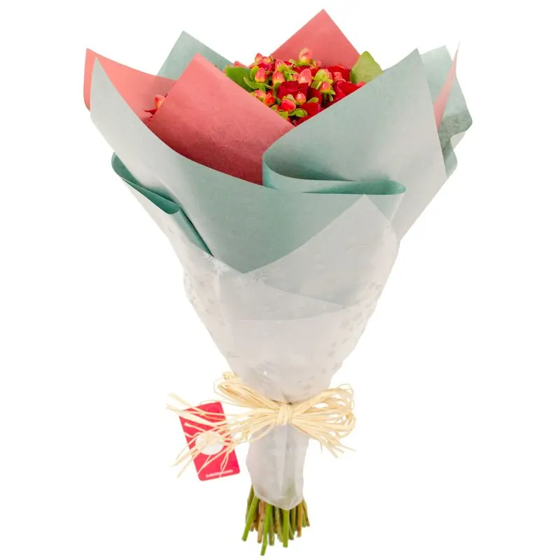 Foto 4 Ramo de rosas con Hypericum - Ramo circular con 18 rosas rojas e hypericum