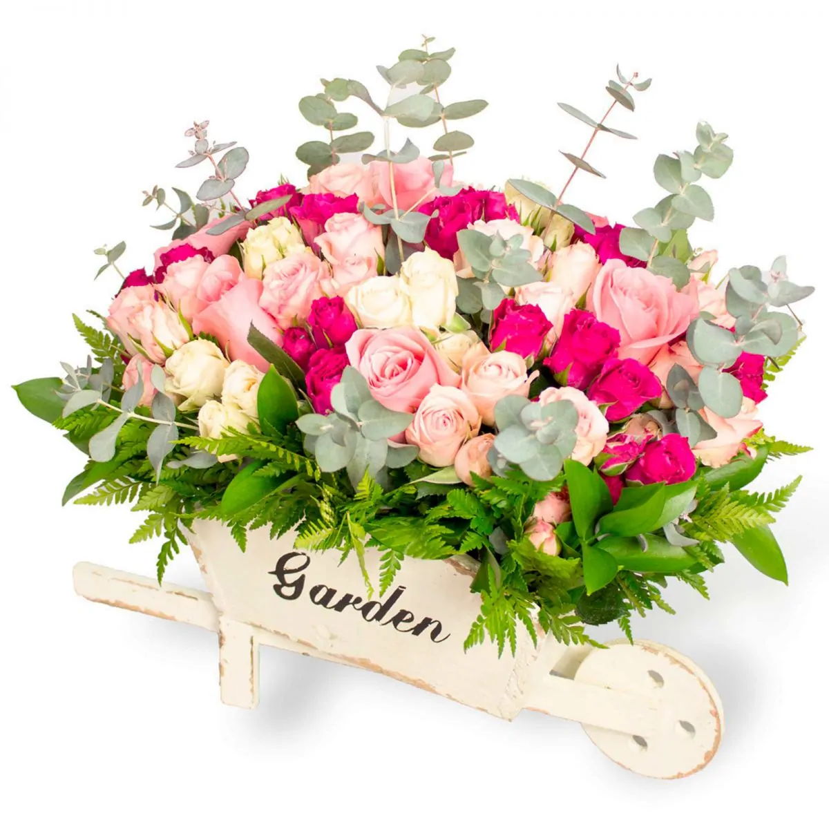 Foto principal Amanecer Jardín Rosado - Arreglo floral en carretilla de madera con minirosas fucsias, rosadas y blancas