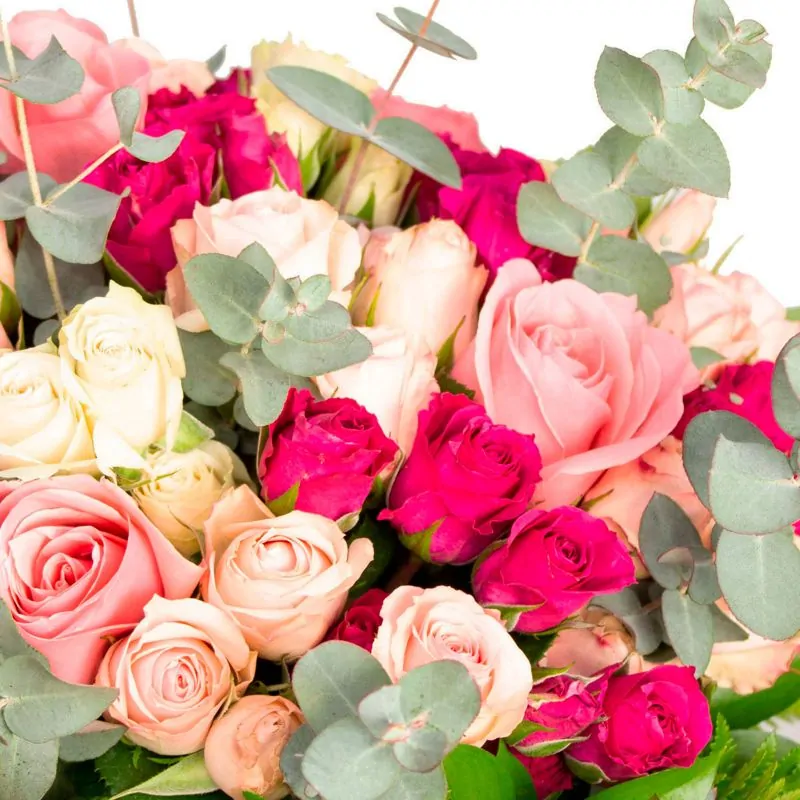 Foto 5 Amanecer Jardín Rosado - Arreglo floral en carretilla de madera con minirosas fucsias, rosadas y blancas