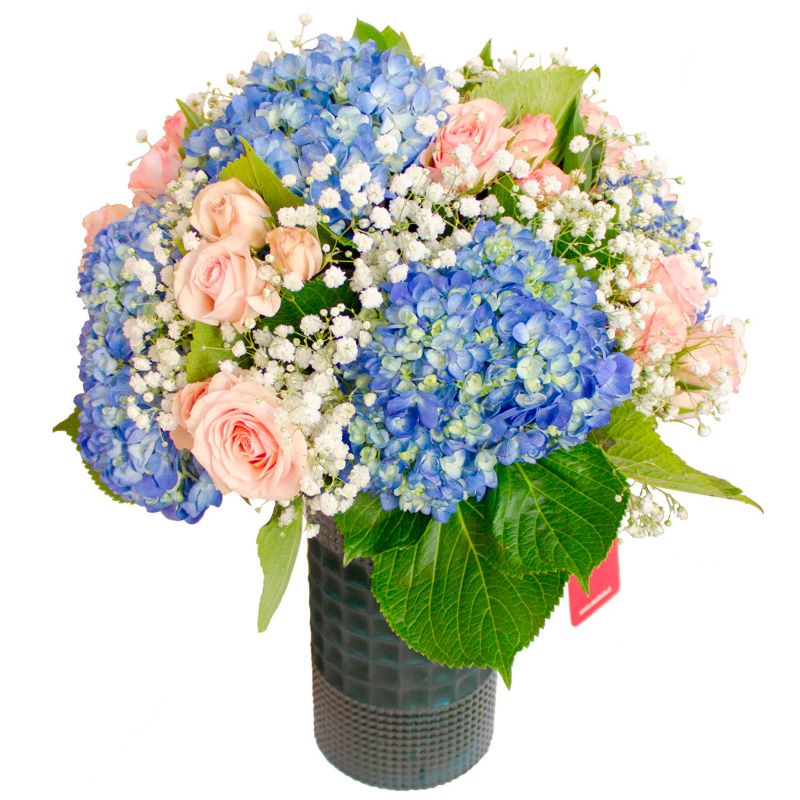 Foto 3 Arreglo floral en florero con hortensias azules, minirosas rosadas y gypsophilas - Flores a domicilio Foto 3 Arreglo floral en florero con hortensias azules, minirosas rosadas y gypsophilas - Flores a domicilio
