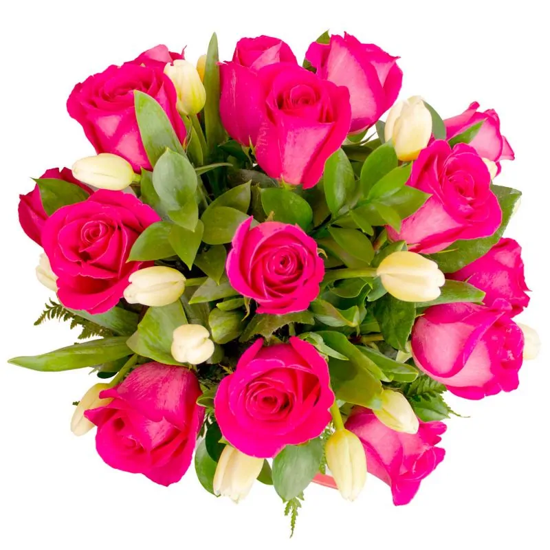 Foto 4 Dominga Rosas fucsia y Tulipanes blancos - Arreglo floral con tulipanes blancos y rosas fucsias