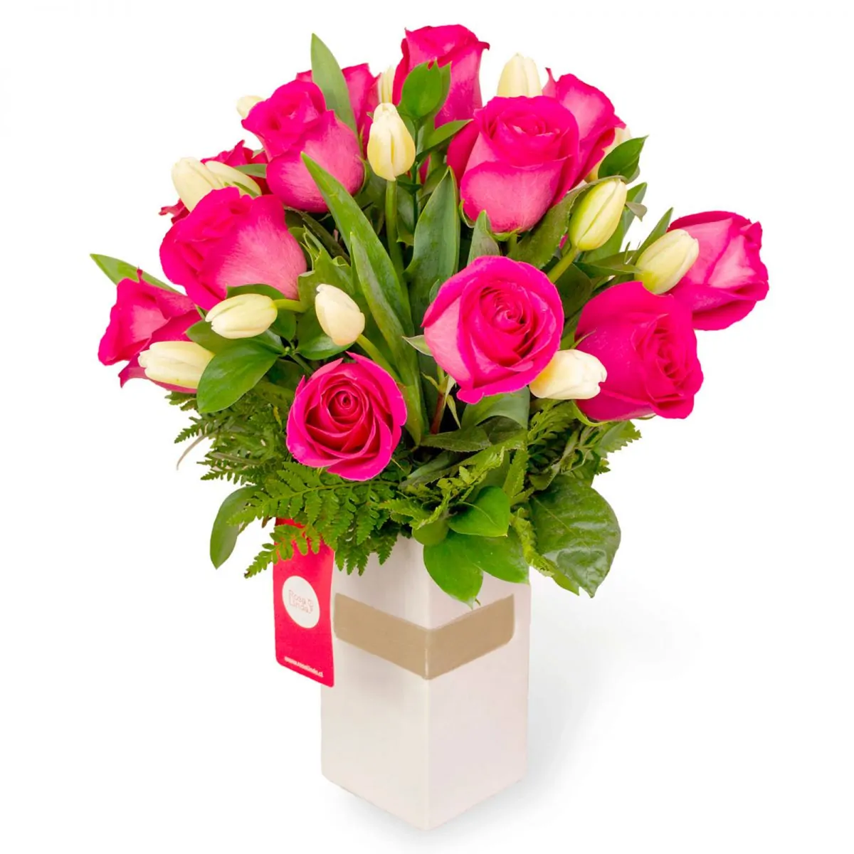 Foto principal Dominga Rosas fucsia y Tulipanes blancos - Arreglo floral con tulipanes blancos y rosas fucsias