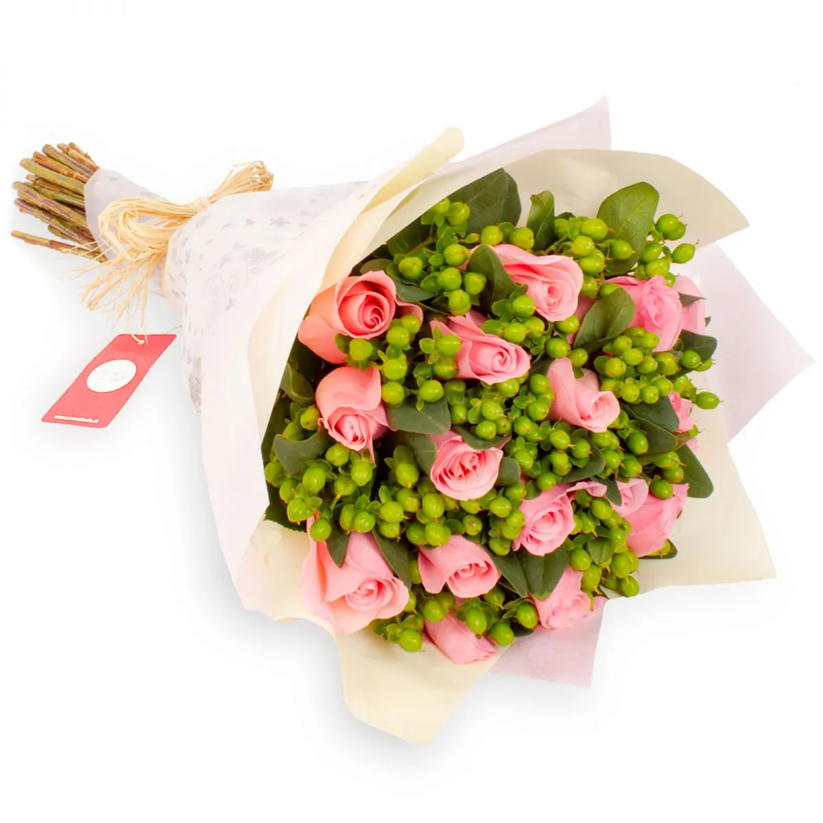 Foto principal Ramo de rosas con Hypericum - Ramo circular con 18 rosas rosadas e hypericum verde