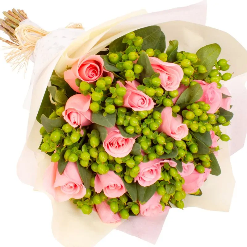 Foto 4 Ramo de rosas con Hypericum - Ramo circular con 18 rosas rosadas e hypericum verde