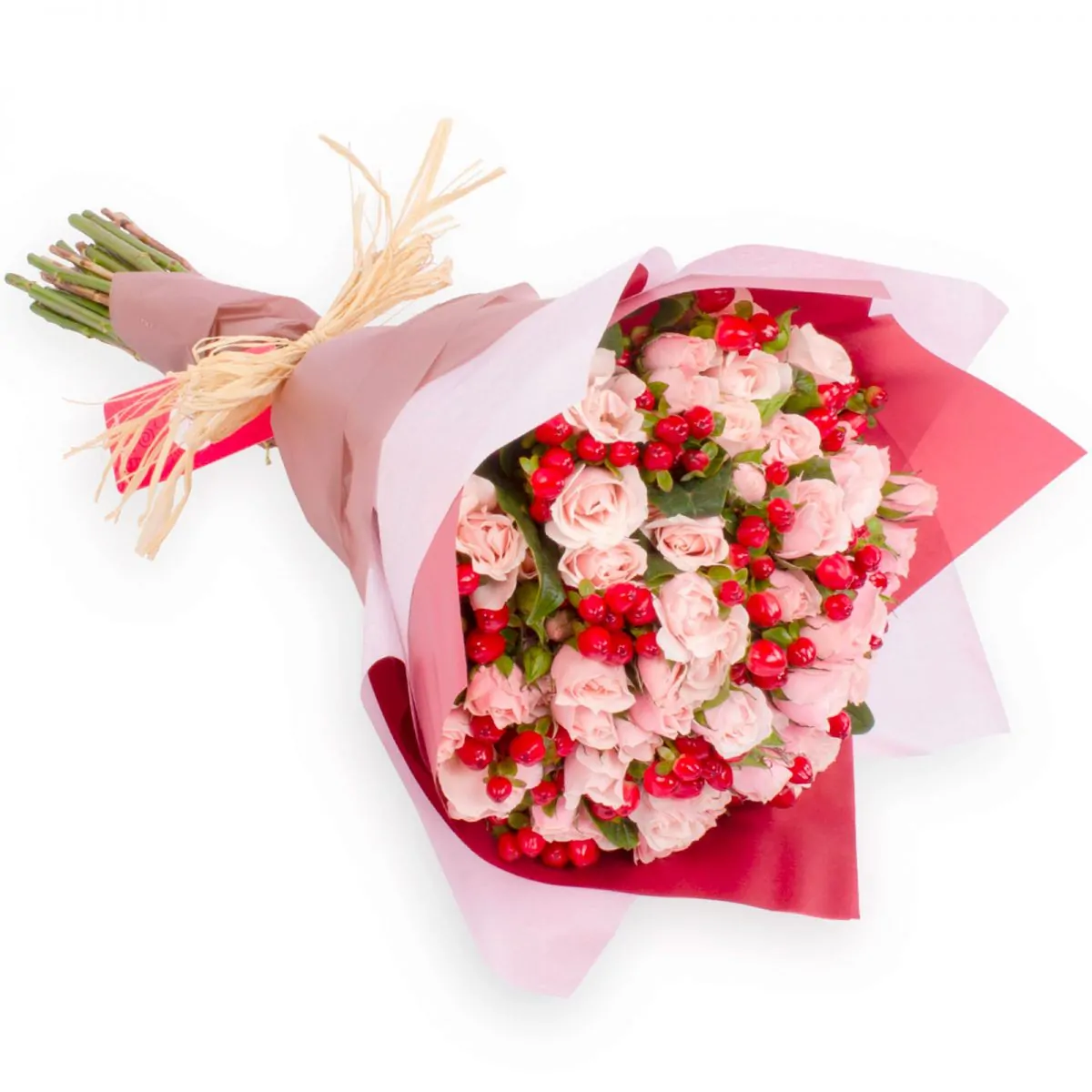 Foto principal Ramo de flores - Ramo con minirosas rosadas e hypericum rojo