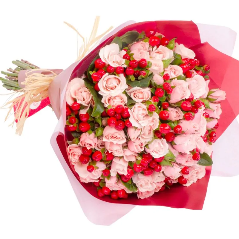 Foto 4 Ramo de flores - Ramo con minirosas rosadas e hypericum rojo