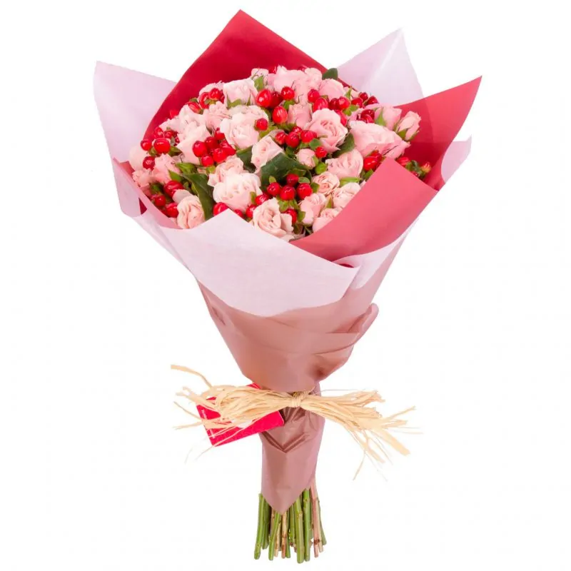 Foto 3 Ramo de flores - Ramo con minirosas rosadas e hypericum rojo