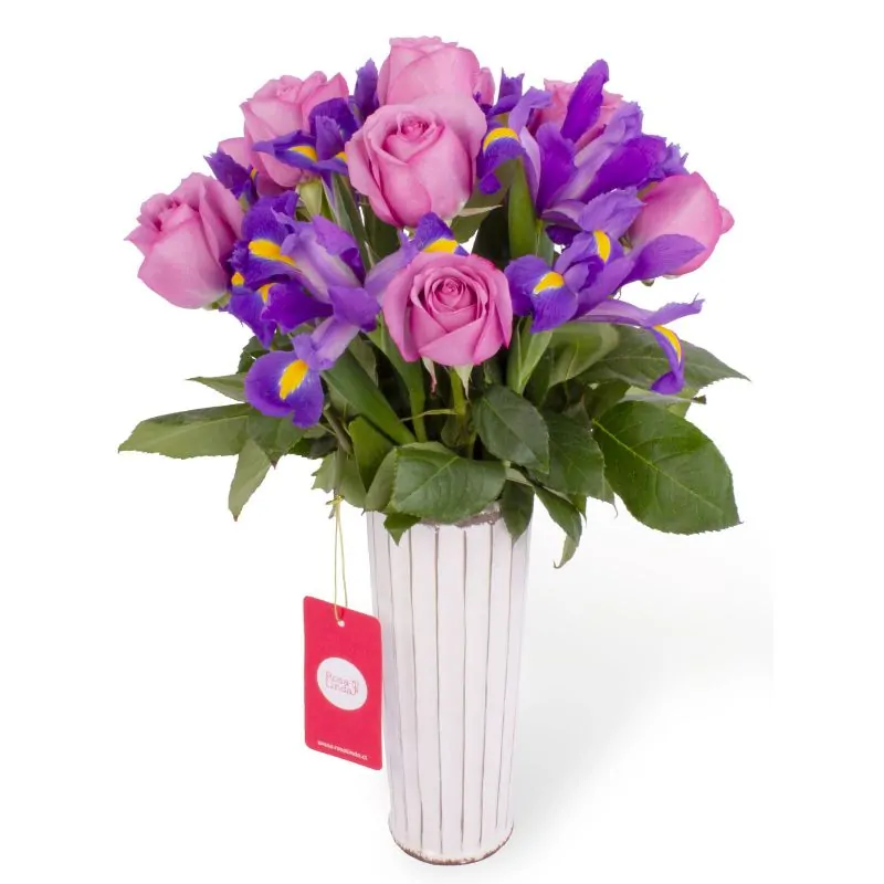 Sorpresa de Iris - Arreglo floral con iris morados y rosas lilas