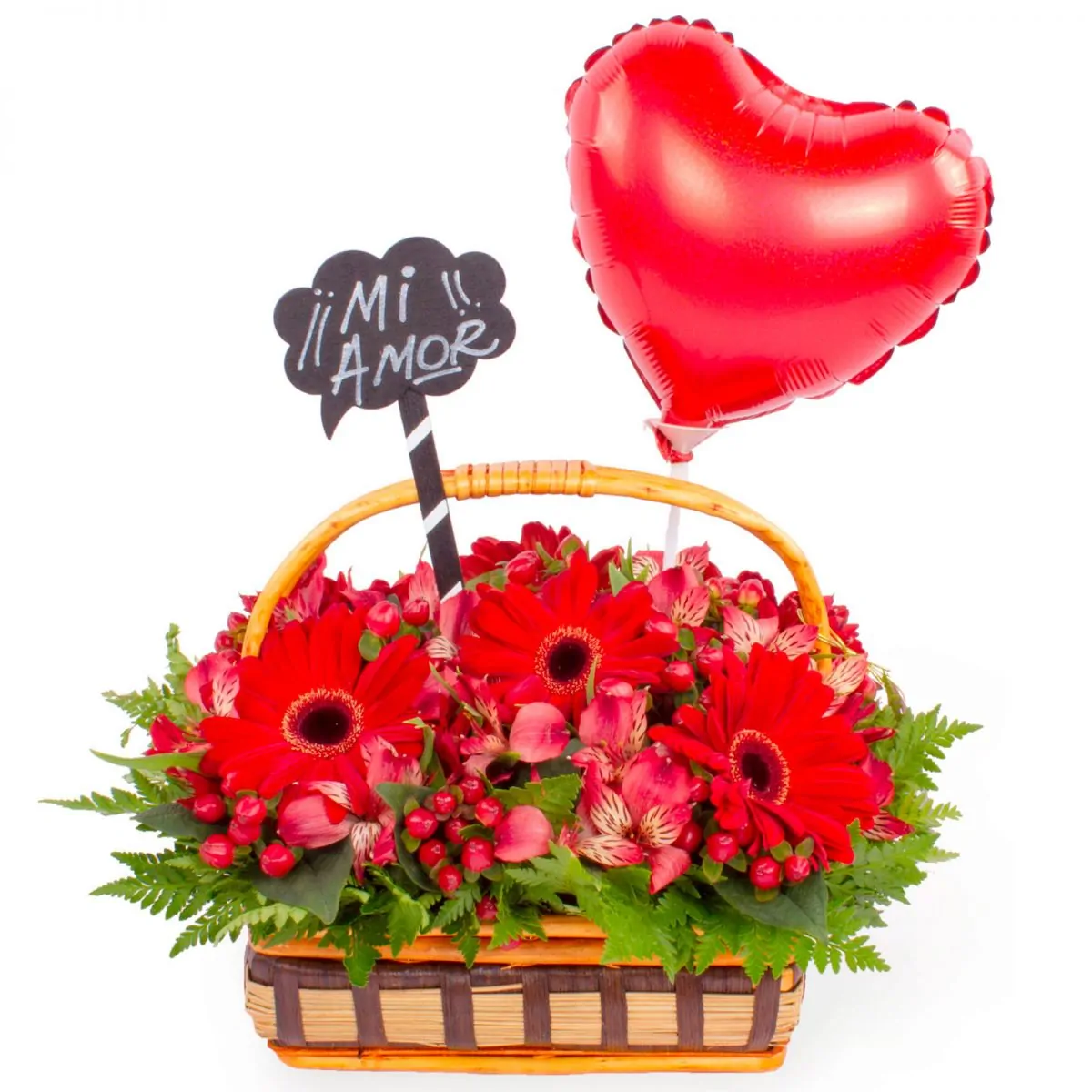 Foto principal Canasto Mi Amor - Arreglo floral en canasto de mimbre con globo de corazón, gerberas, astromelias e hypericum rojo