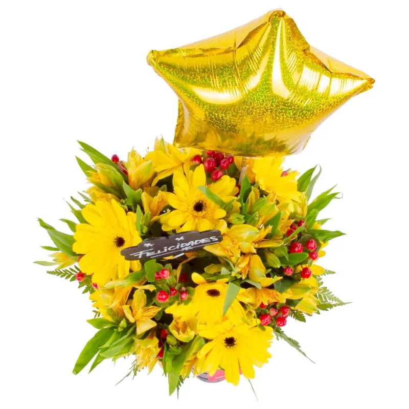 Foto 4 Felicidades Amarillo - Arreglo floral de celebración con globo, gerberas y astromelias amarillas e hypericum rojo