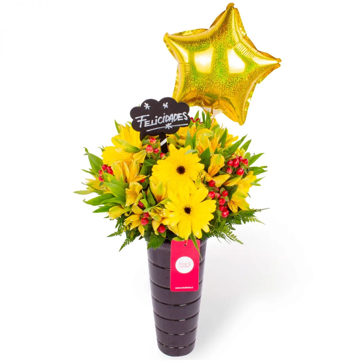 Foto principal Felicidades Amarillo - Arreglo floral de celebración con globo, gerberas y astromelias amarillas e hypericum rojo