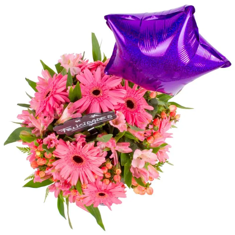 Foto 4 Felicidades Rosado - Arreglo floral de celebración con globo, gerberas, astromelias e hypericum rosado