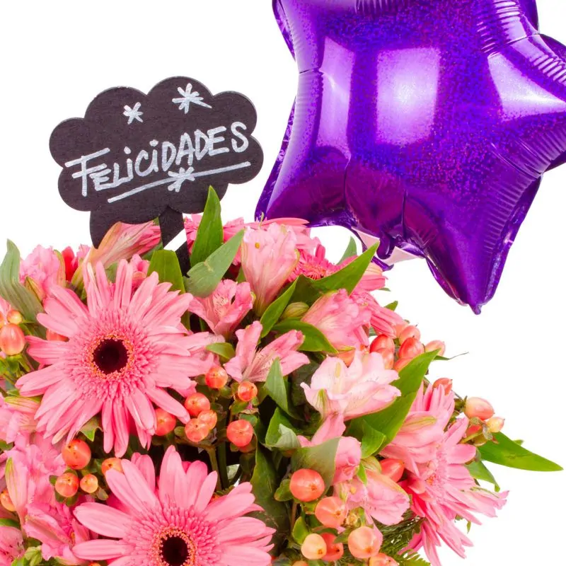 Foto 5 Felicidades Rosado - Arreglo floral de celebración con globo, gerberas, astromelias e hypericum rosado