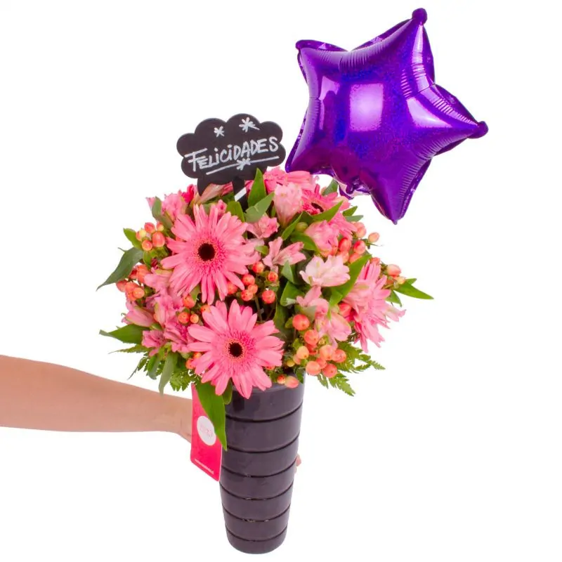 Foto 2 Felicidades Rosado - Arreglo floral de celebración con globo, gerberas, astromelias e hypericum rosado