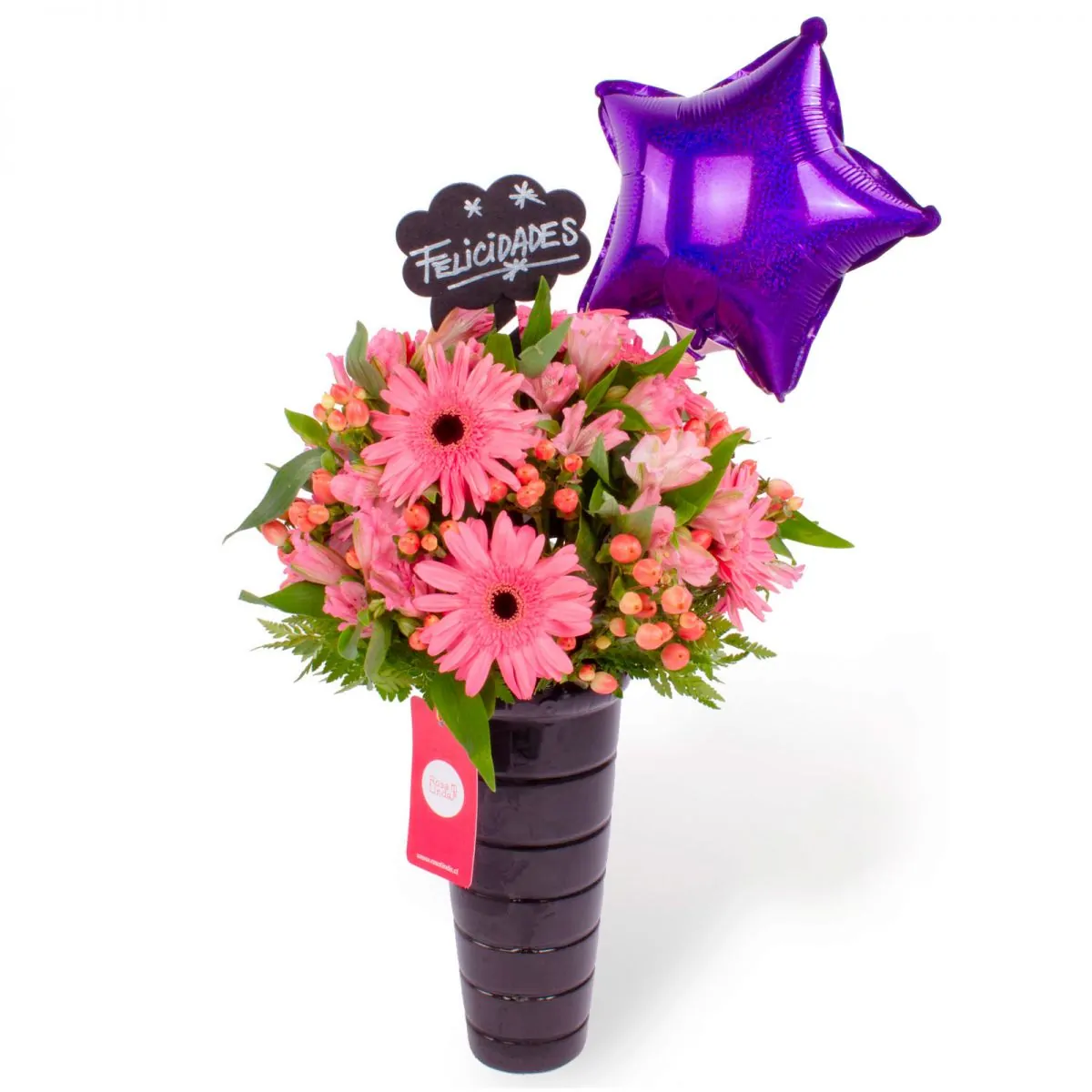 Foto principal Felicidades Rosado - Arreglo floral de celebración con globo, gerberas, astromelias e hypericum rosado