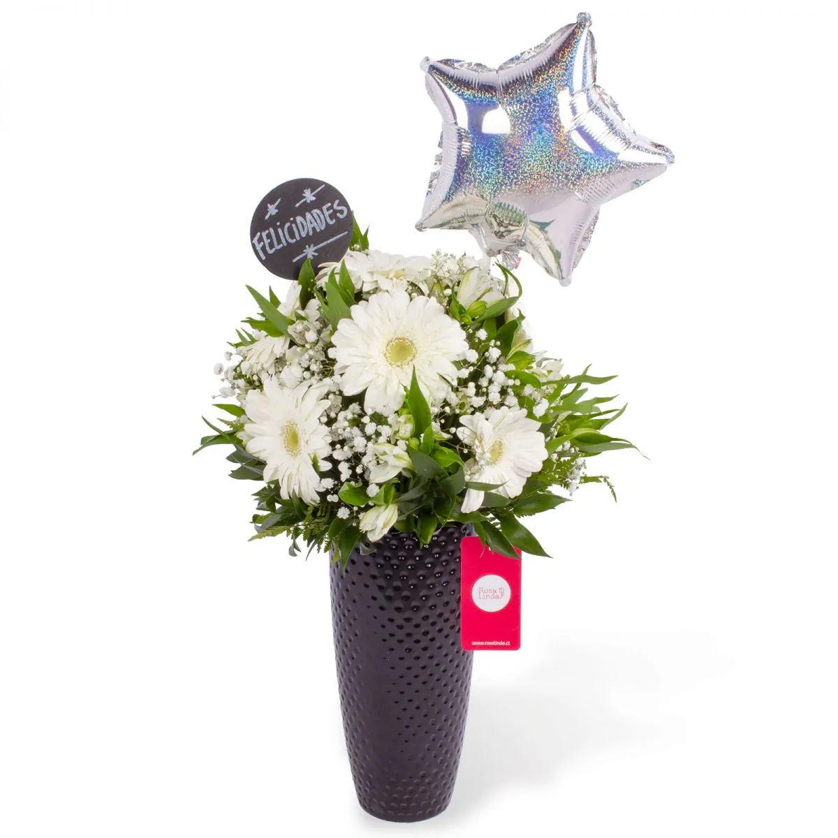Foto principal Felicidades Blanco - Arreglo floral de celebración con globo, gerberas, astromelias y gypsophilas blancas