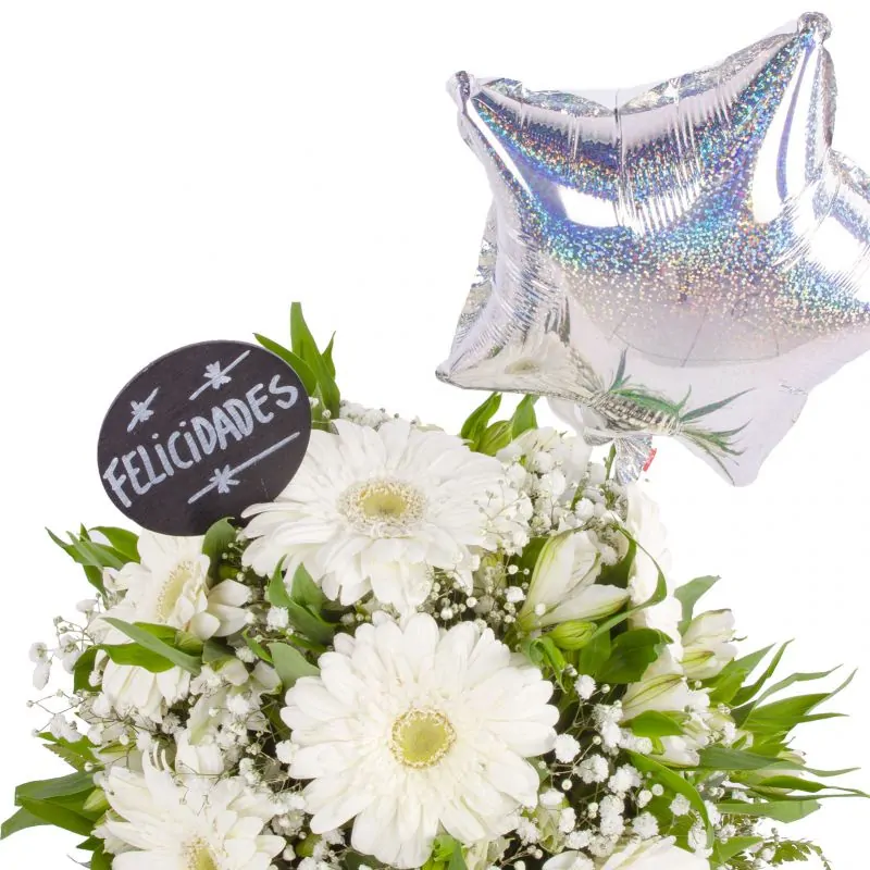 Foto 5 Felicidades Blanco - Arreglo floral de celebración con globo, gerberas, astromelias y gypsophilas blancas