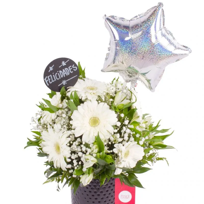 Foto 3 Felicidades Blanco - Arreglo floral de celebración con globo, gerberas, astromelias y gypsophilas blancas