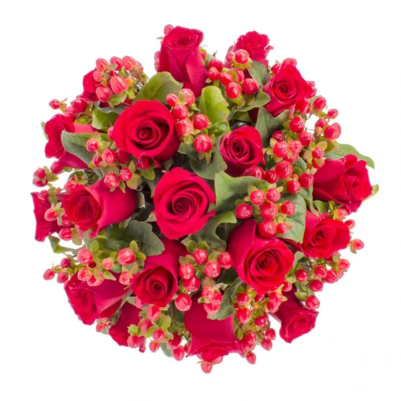 Foto 4 Tú y Yo - Arreglo floral con rosas rojas e hypericum rojo