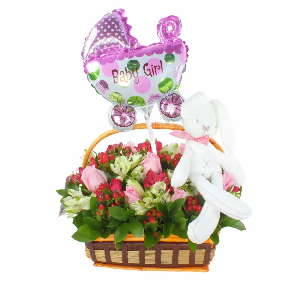 Foto principal Nacimiento de princesa - Arreglo floral para nacimiento de niña en canasto con globo y peluche