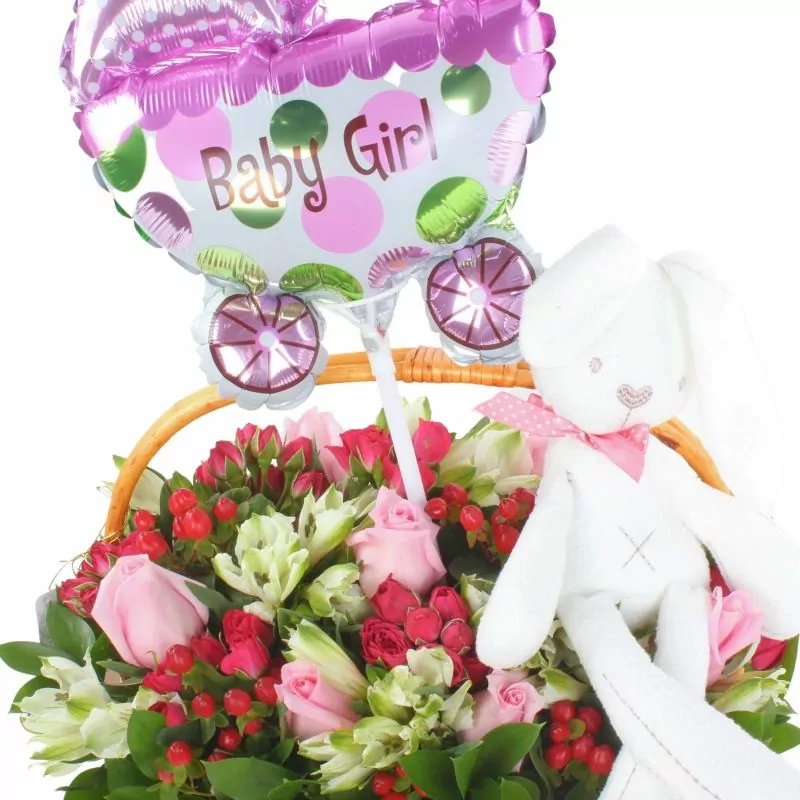 Foto 4 Nacimiento de princesa - Arreglo floral para nacimiento de niña en canasto con globo y peluche