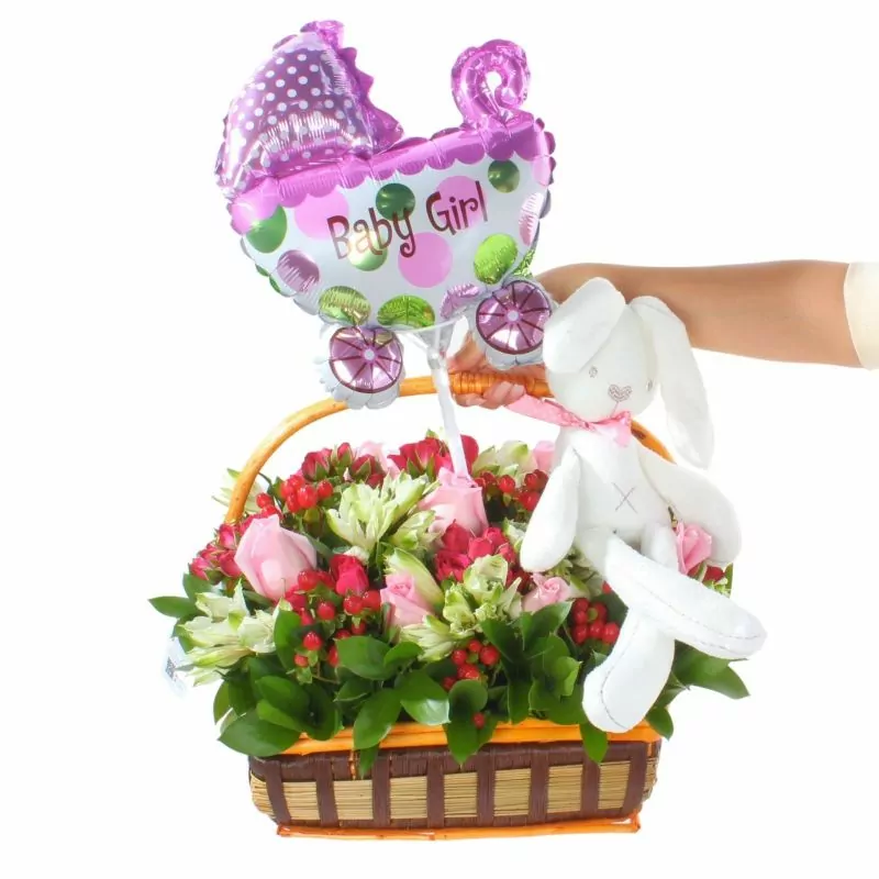Foto 2 Nacimiento de princesa - Arreglo floral para nacimiento de niña en canasto con globo y peluche
