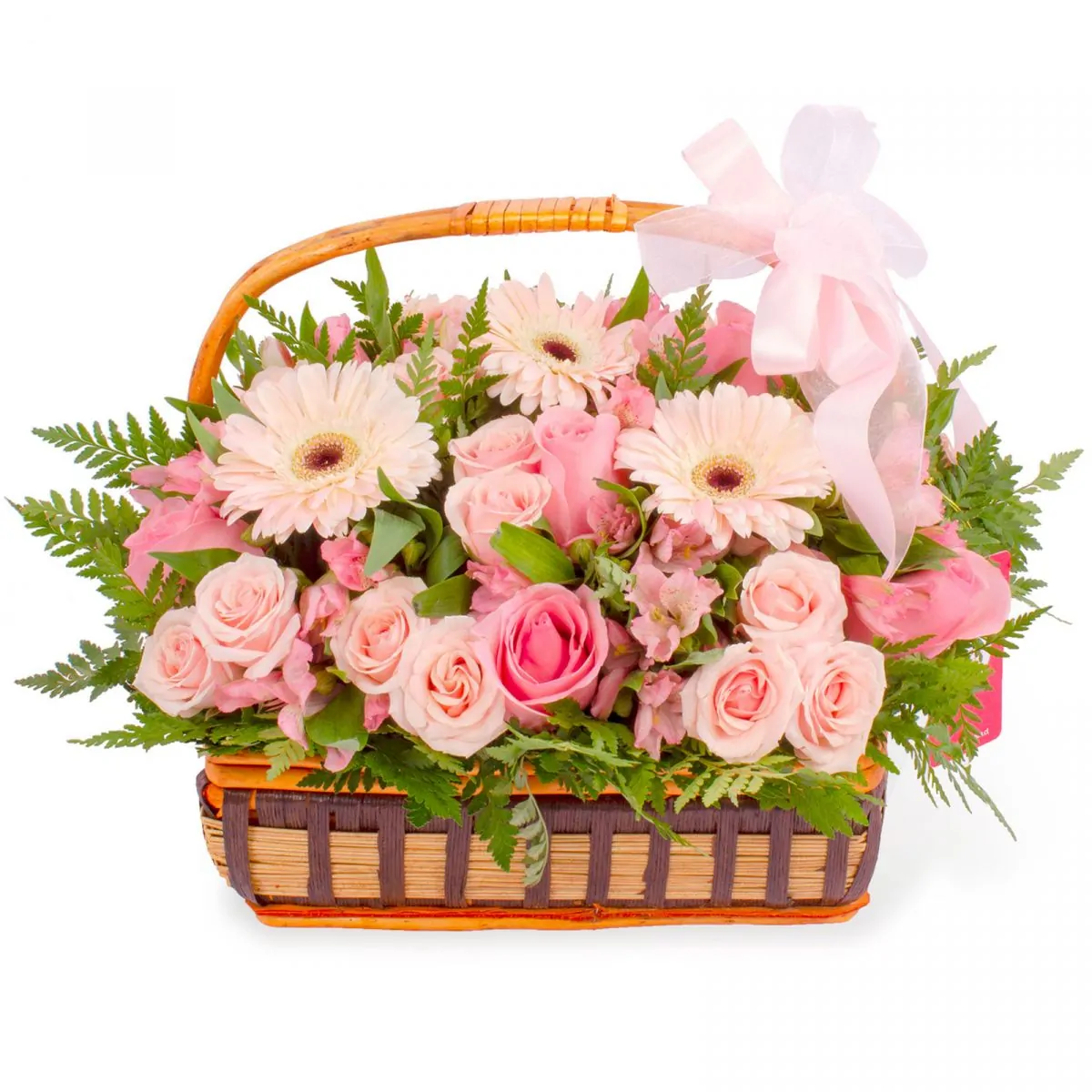 Foto principal Constanza Rosado - Arreglo floral en canasto con gerberas, rosas, minirosas y astromelias rosadas