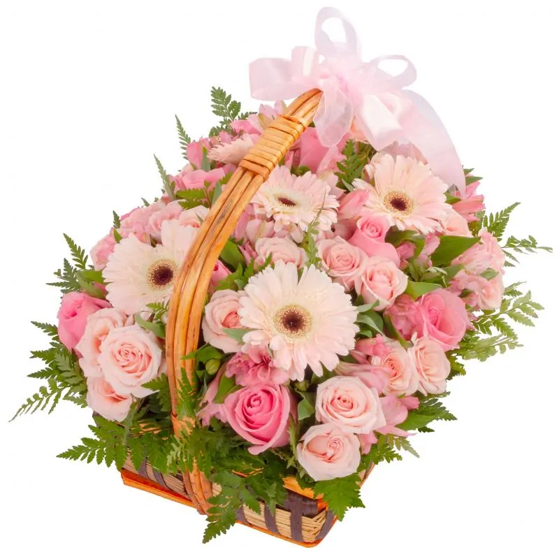 Foto 4 Constanza Rosado - Arreglo floral en canasto con gerberas, rosas, minirosas y astromelias rosadas