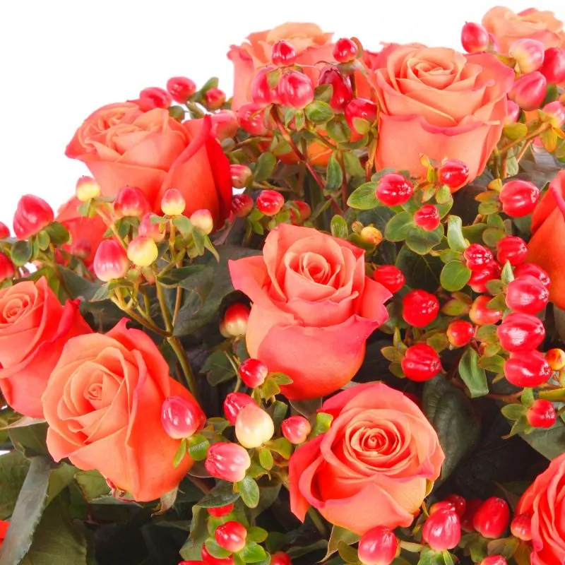 Foto 5 Antonia Naranjo - Arreglo floral en florero con 24 rosas naranjo e hypericum